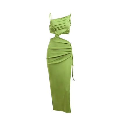Lime green sloping shoulders hollow out split irregular tie-up dress with cut-outs and ruching