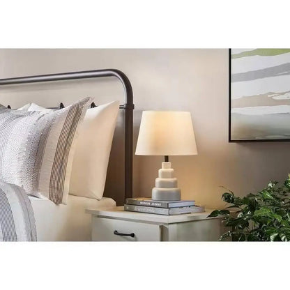 Small Grey Desk Light Table Lamp with White Fabric Shade for Bedside Nightstand - Table Lamp