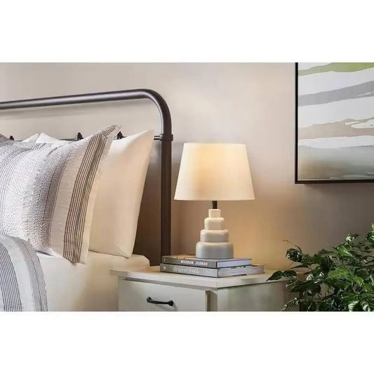 Small Grey Desk Light Table Lamp with White Fabric Shade for Bedside Nightstand - Table Lamp
