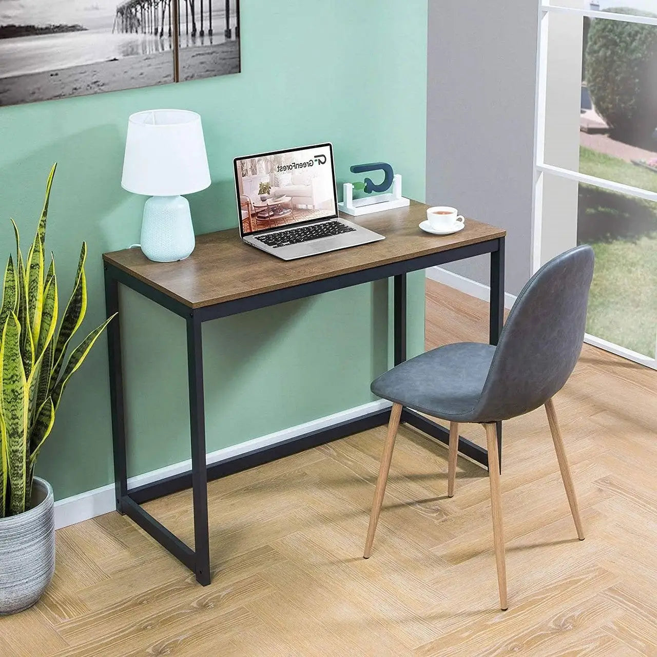 Small Home Office Modern Laptop Computer Desk Table Metal Frame Brown Wood Top - Computer Desks