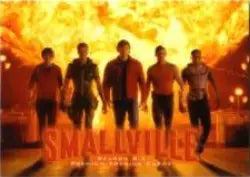 Silhouettes of five people on a fiery orange background for Smallville Season 6 promo card