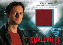 Trading card featuring Major Zod portrait and red sweater fabric from Smallville Seasons 7-10