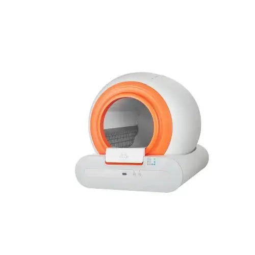 White and orange automatic cat litter box for easy cleaning and odor control
