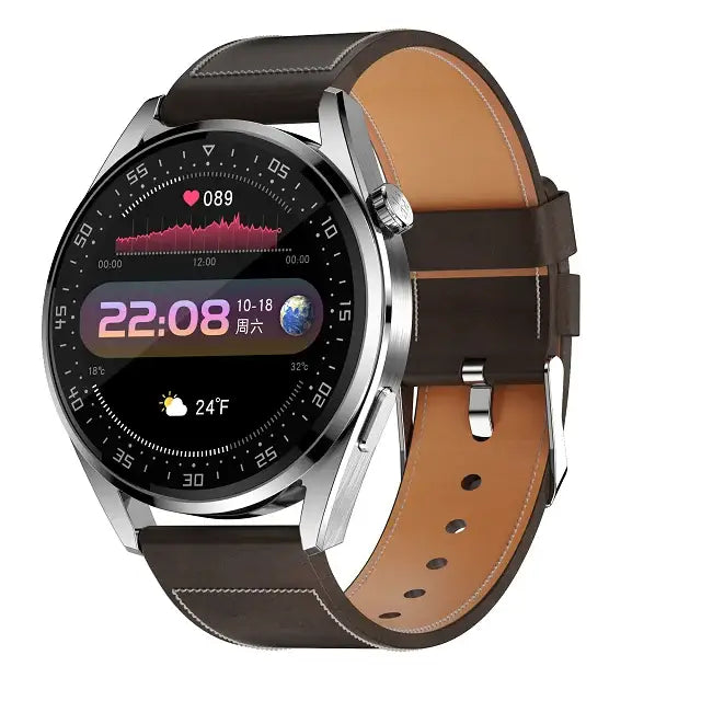 SmartFit Pro Unisex E20 smartwatch with digital display, leather strap, and health features