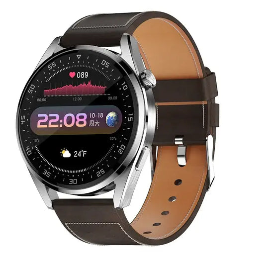 SmartFit Pro Unisex E20 smartwatch with digital display, leather strap, and health features