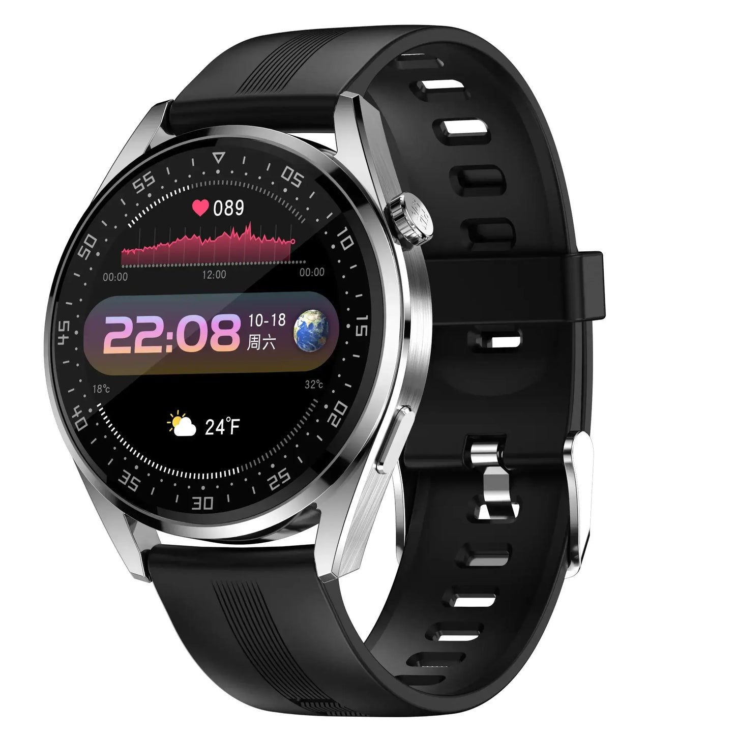 SmartFit Pro Unisex E20 Smartwatch with digital display showing time, heart rate, weather