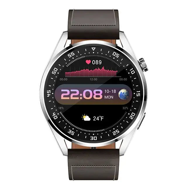 SmartFit Pro Unisex E20 Smartwatch with silver frame, leather strap, showing time and health data