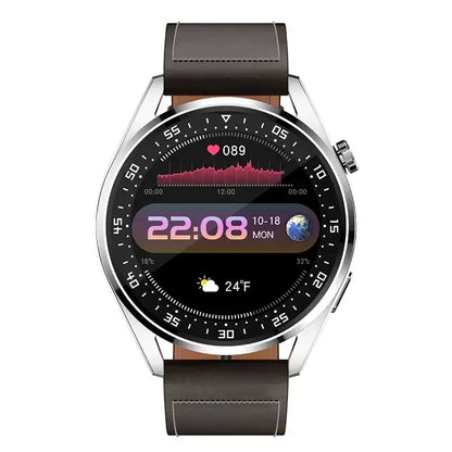 SmartFit Pro Unisex E20 Smartwatch with silver frame, leather strap, showing time and health data