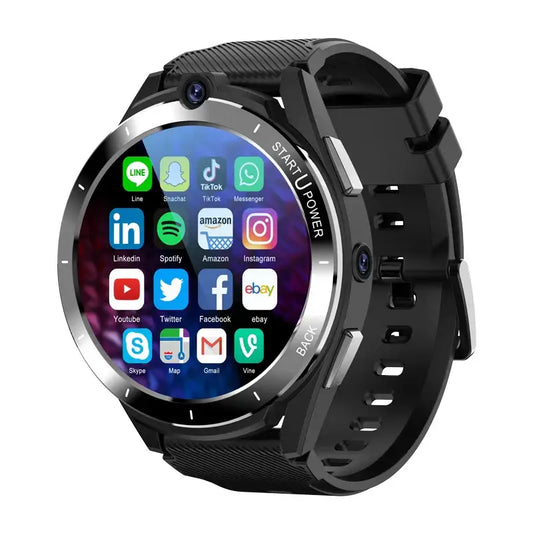 Black smartwatch with circular display, app icons, camera, side buttons, decorate root width 750px height
