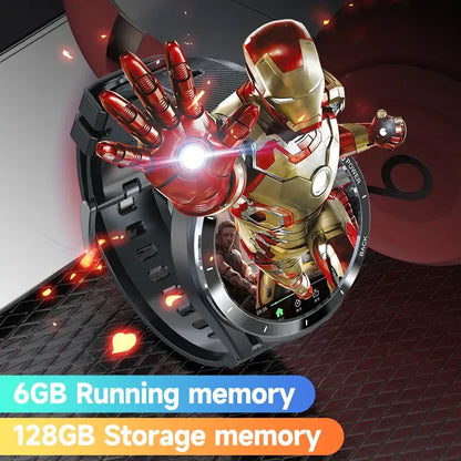 Black Iron Man-themed Smartwatch with 6GB RAM, 128GB storage, 1.6-inch touch screen