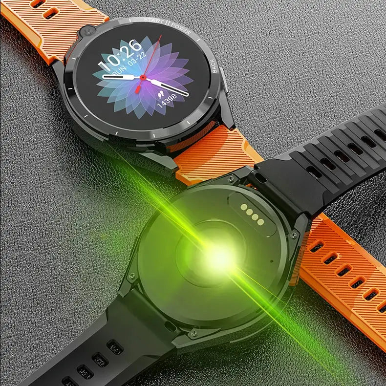 Smartwatch 128GB battery with dual system, orange band, floral display, black band, green sensor
