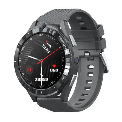 Dark gray smartwatch 128gb battery with circular face showing time, date, heart rate, steps