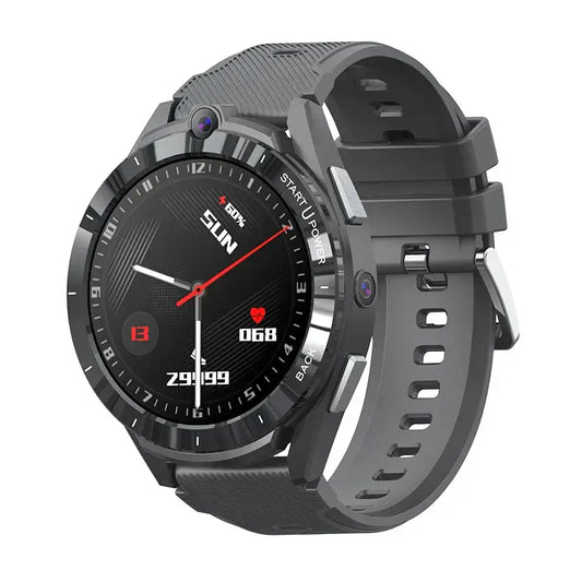 Dark gray smartwatch 128gb battery with circular face showing time, date, heart rate, steps