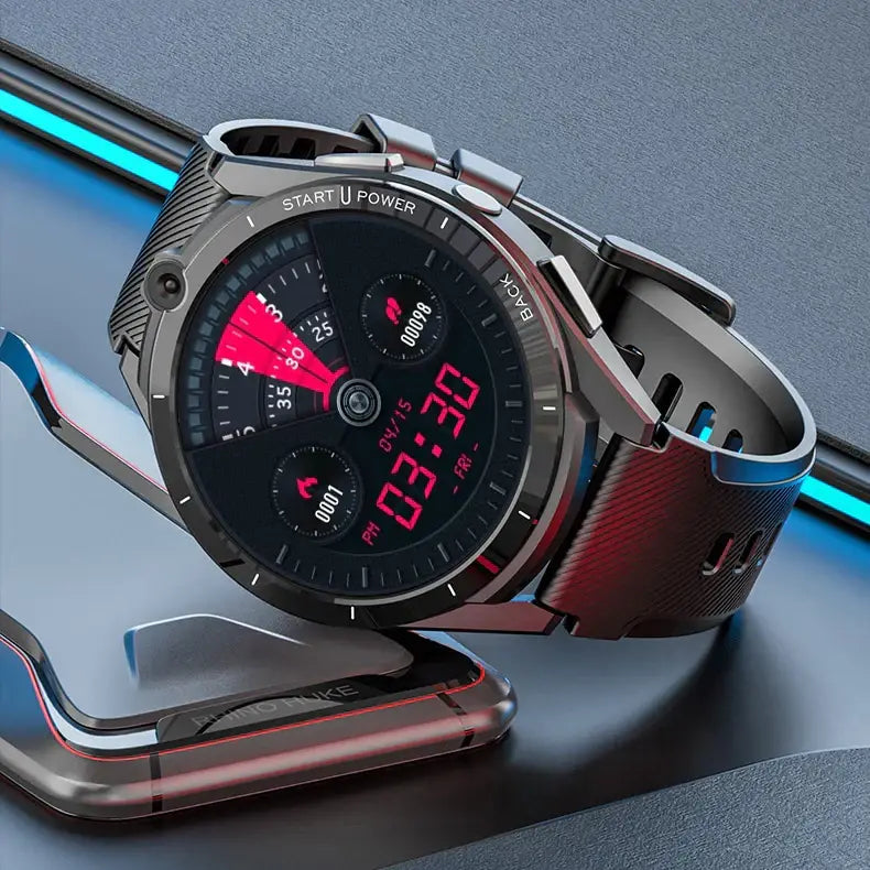 Rugged dark gray smartwatch 128GB battery with black face, red display, silicone strap