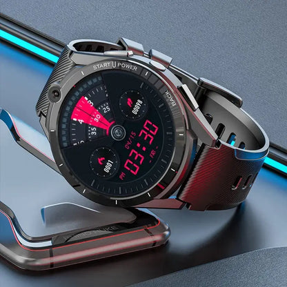 Rugged dark gray smartwatch 128GB battery with black face, red display, silicone strap