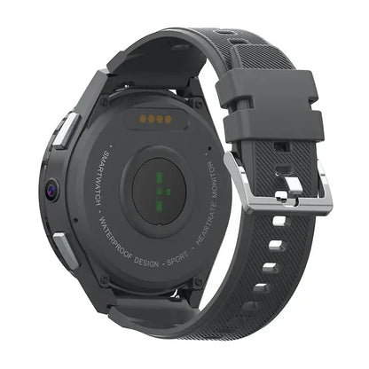 Dark gray smartwatch 128gb battery with textured band, heart rate monitor, charging pins