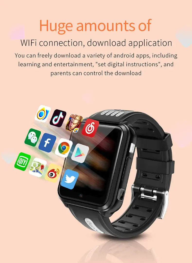 Black Smartwatch Android 4G GPS with square screen and Android applications for kids