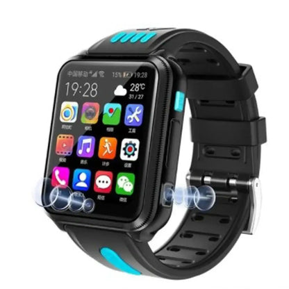 Black smartwatch with square screen, blue accents, silicone strap, Android 4G GPS, and SIM card