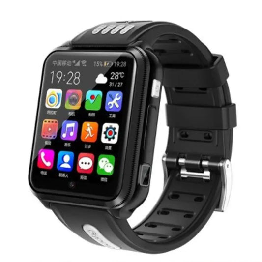 Black rectangular smartwatch with silicone strap and metal buckle for Android 4G GPS tracking