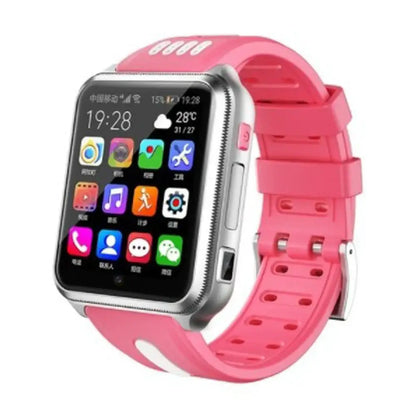 Pink children’s smartwatch with silver casing and colorful app display for android 4g gps tracking