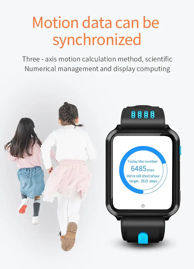 Black smartwatch Android 4G GPS with blue accent button and 6485 steps display