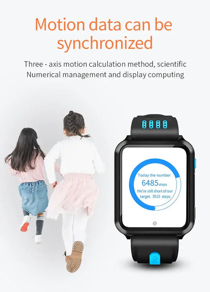 Black smartwatch Android 4G GPS with blue accent button and 6485 steps display