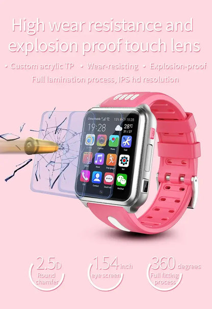 Pink and silver smartwatch for kids with Android 4G GPS, durable touch screen, and anti-lost feature