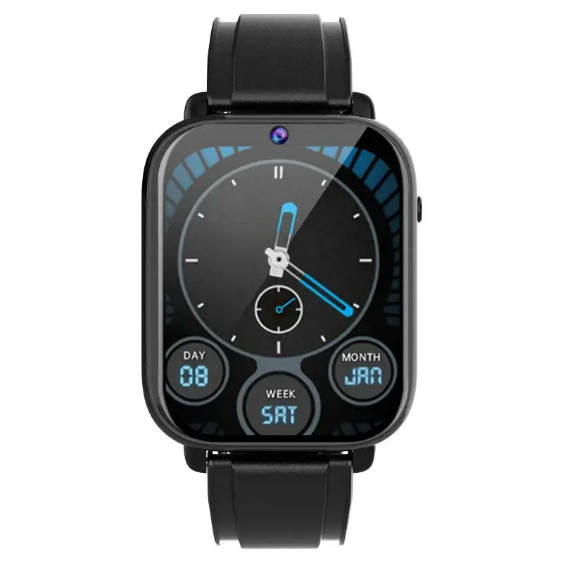 Black rectangular smartwatch with analog digital display, dual chip, quad core, GPS, WiFi