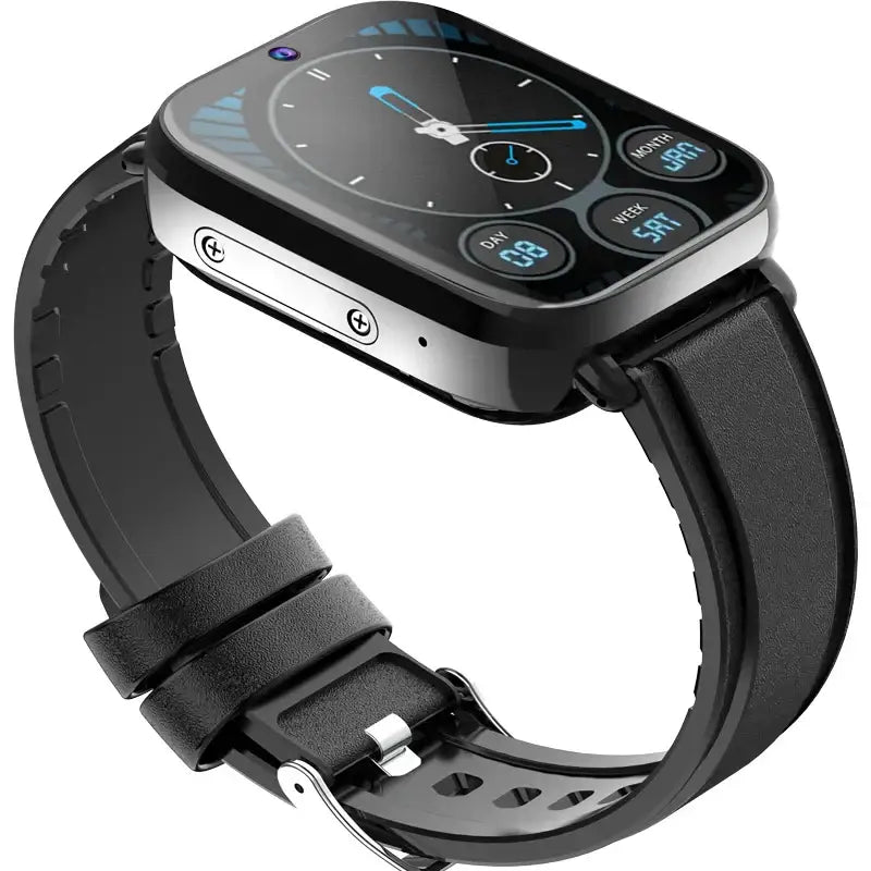 Black rectangular smartwatch with rubber strap, dual chip, quad core, and GPS features