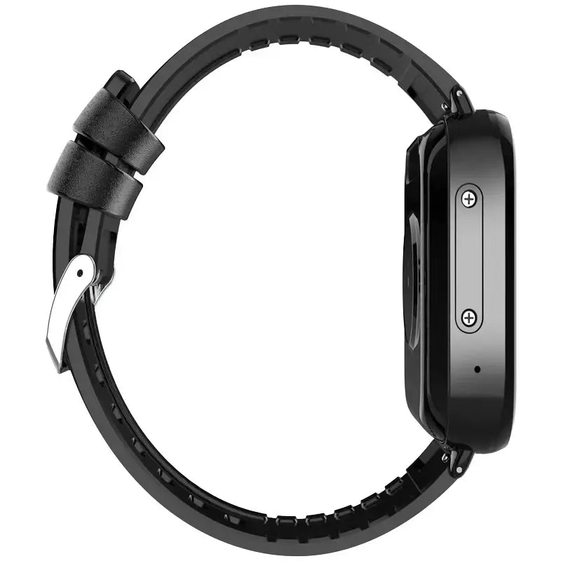 Black smart watch with rectangular face, textured silicone strap, dual chip, quad core features