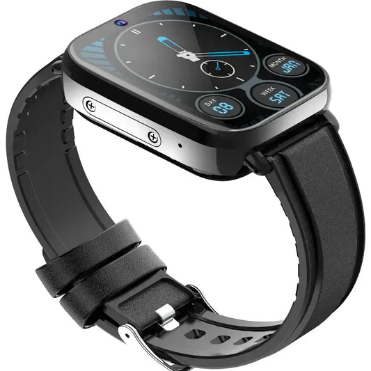 Black smartwatch with rectangular display, rubber strap, dual chip, and quad core processor