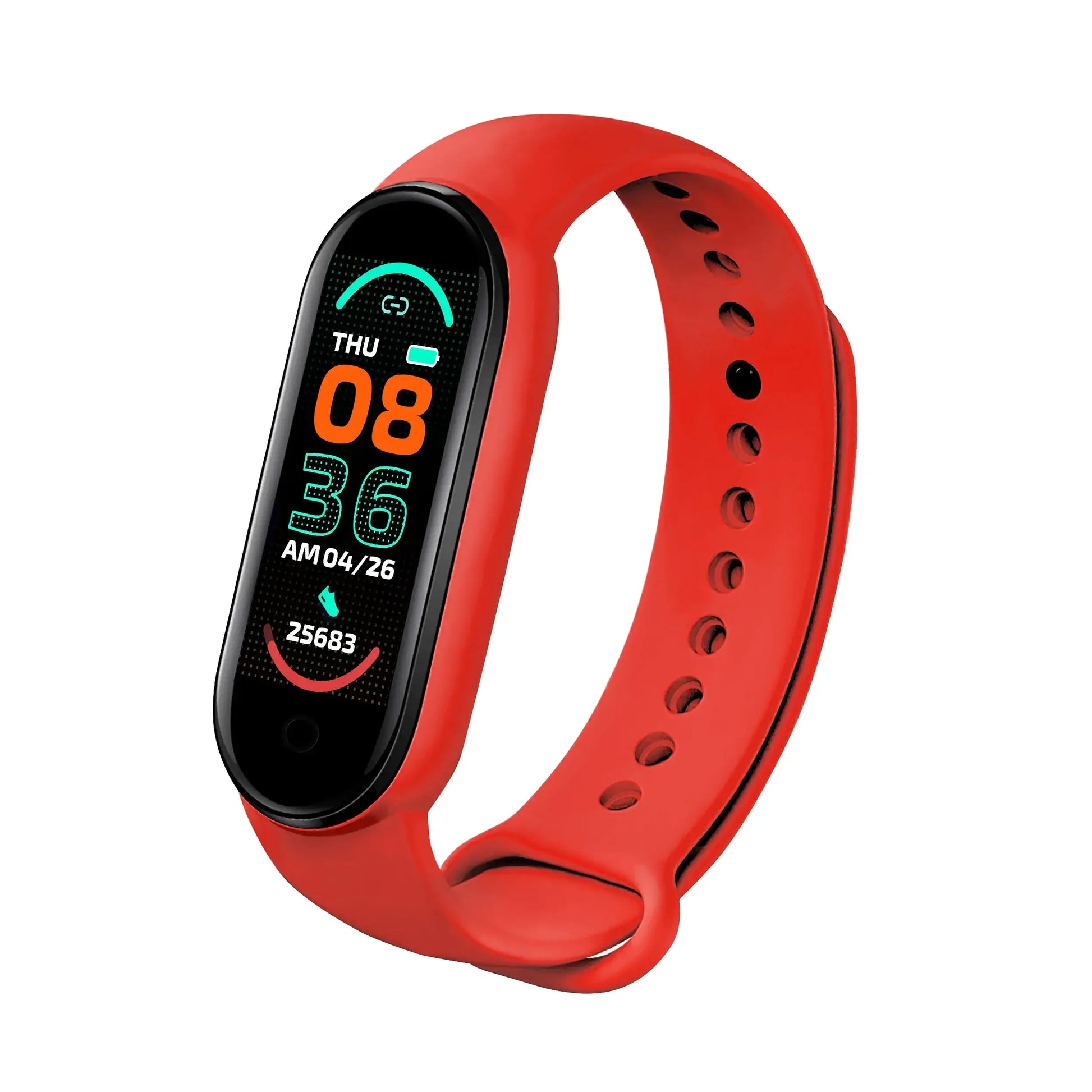 Red smartwatch bracelet fitness wristband with black display showing time and activity data