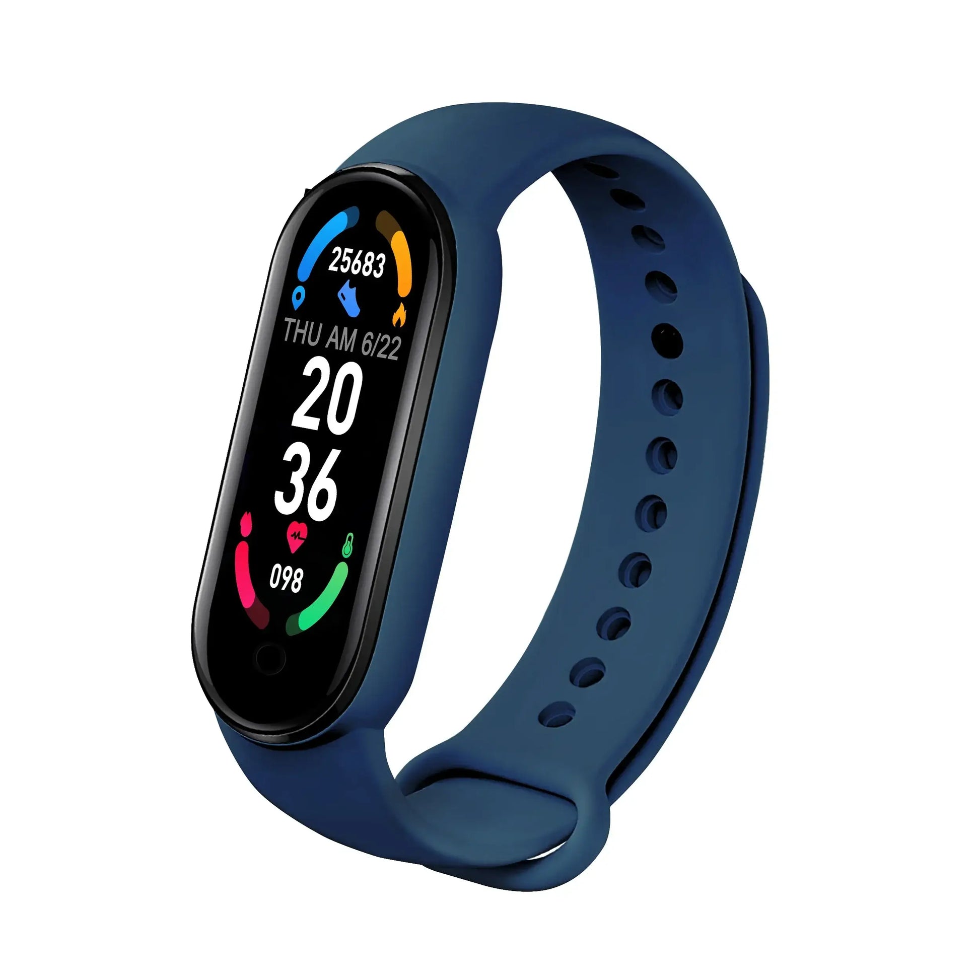 Dark blue silicone smartwatch bracelet fitness wristband with digital display showing time and activity metrics