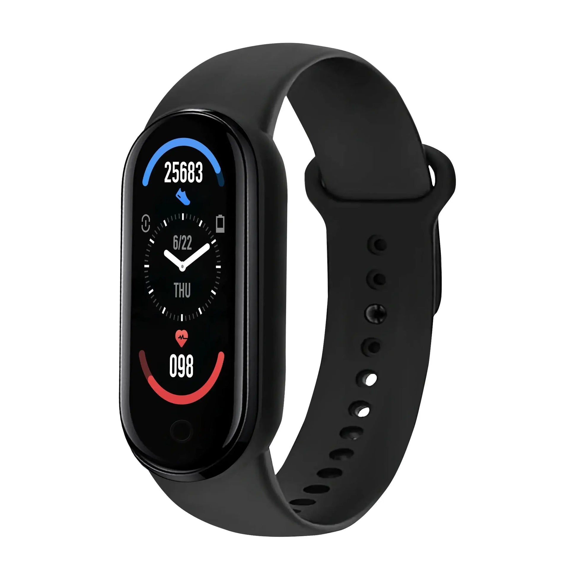 Black smartwatch bracelet fitness wristband displaying steps, time, date, and heart rate