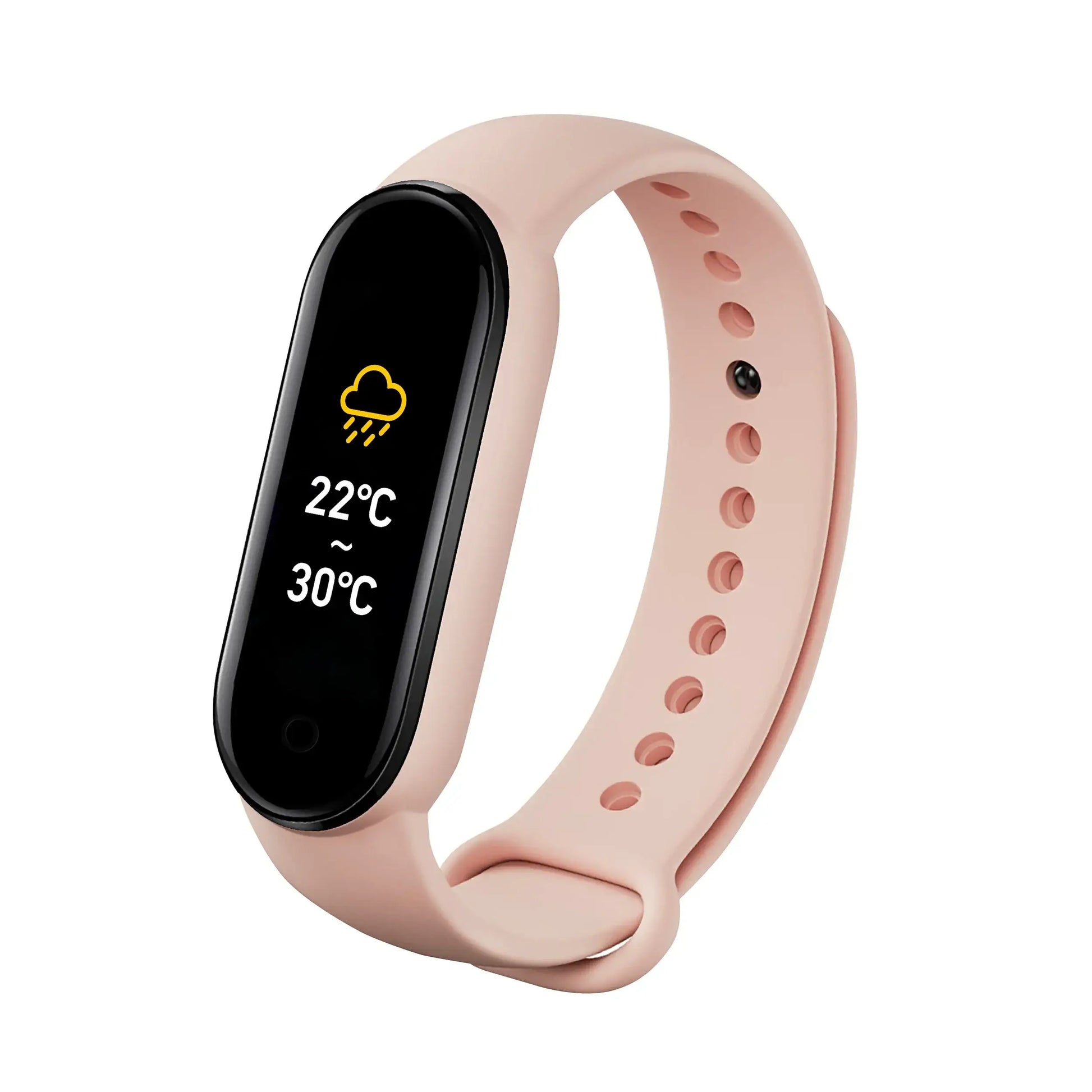 Pink smartwatch bracelet fitness wristband with black screen displaying weather info
