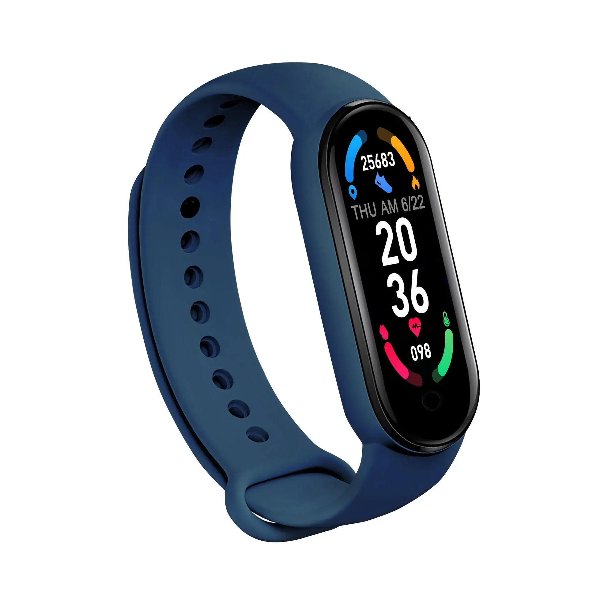 Navy blue smartwatch bracelet fitness wristband with digital display showing time and activity metrics