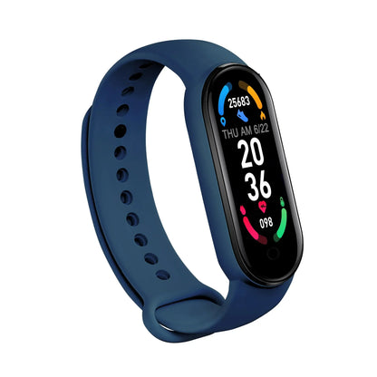 Navy blue smartwatch bracelet fitness wristband with digital display showing time and activity metrics