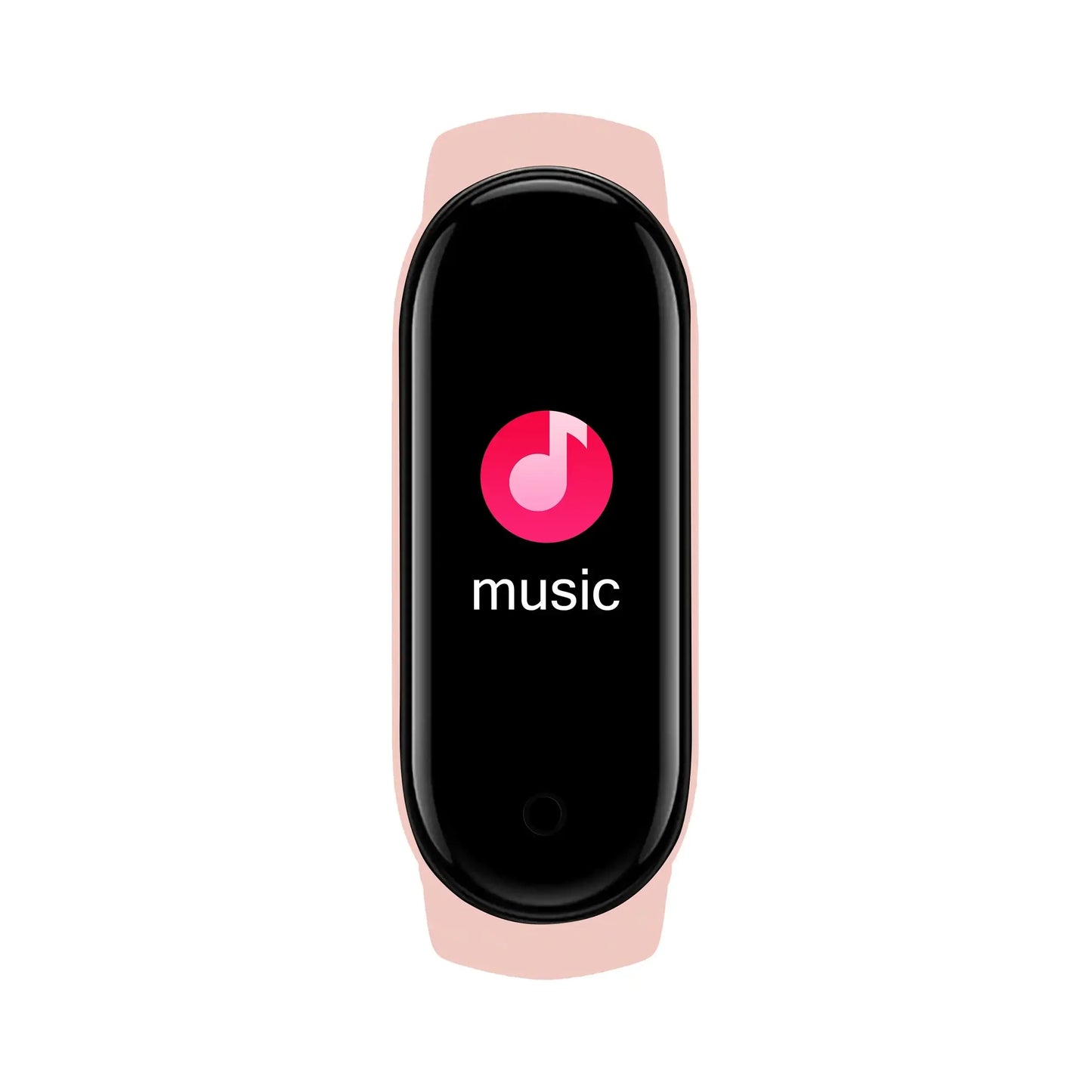 Pink smartwatch bracelet fitness wristband displaying music icon and music text