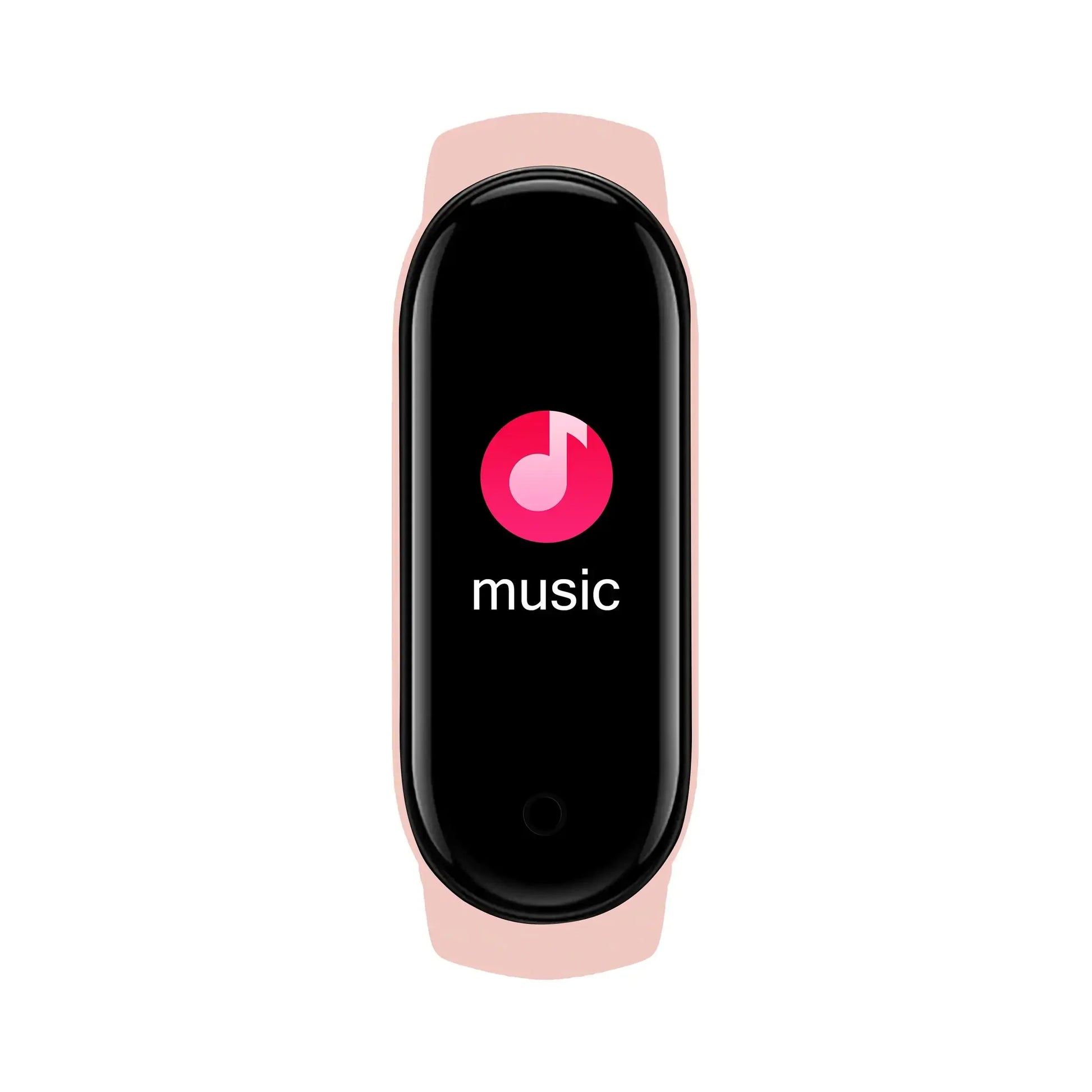 Pink smartwatch bracelet fitness wristband displaying music icon and music text
