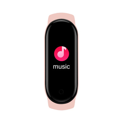 Pink smartwatch bracelet fitness wristband displaying music icon and music text
