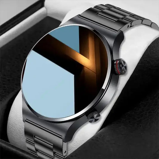 Black metal smartwatch BW0382 with round touch screen for sports fitness activities
