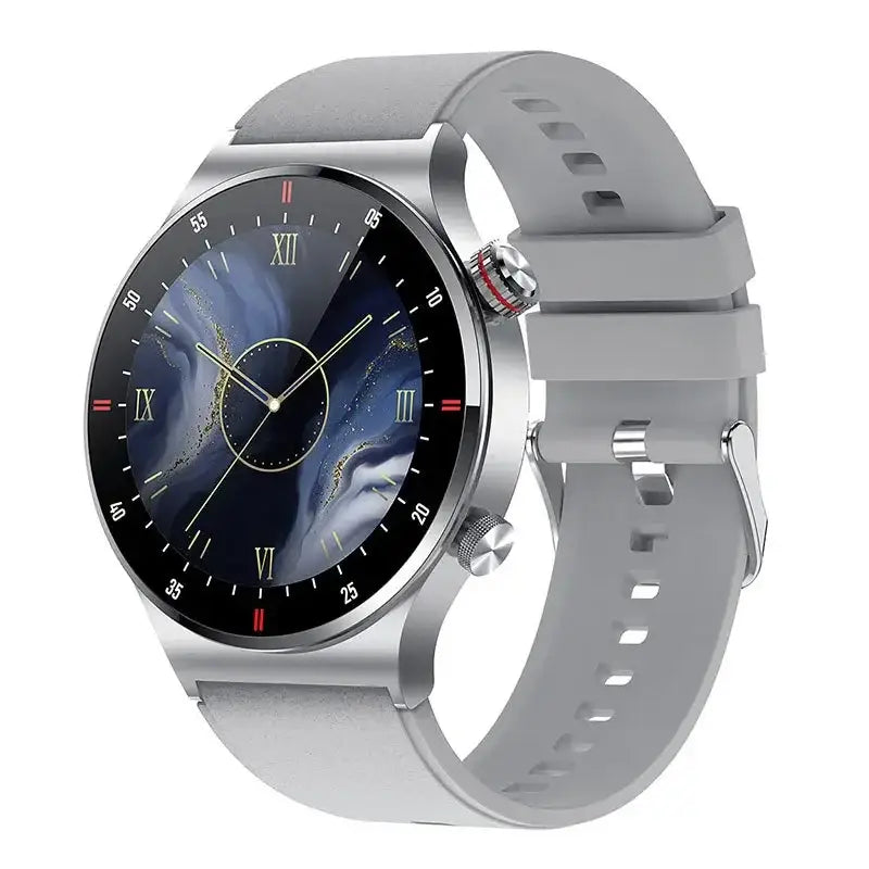 Smartwatch BW0382 with silver case, dark abstract face, light gray silicone strap for sports fitness