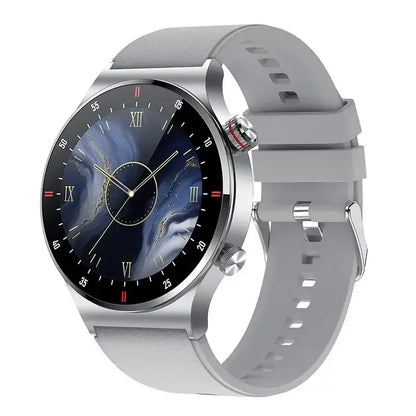 Smartwatch BW0382 with silver case, dark abstract face, light gray silicone strap for sports fitness