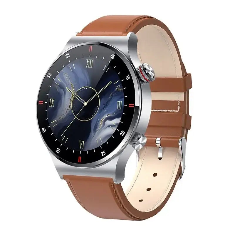 Smartwatch BW0382 with silver case, brown leather strap, touch screen, and Roman numerals