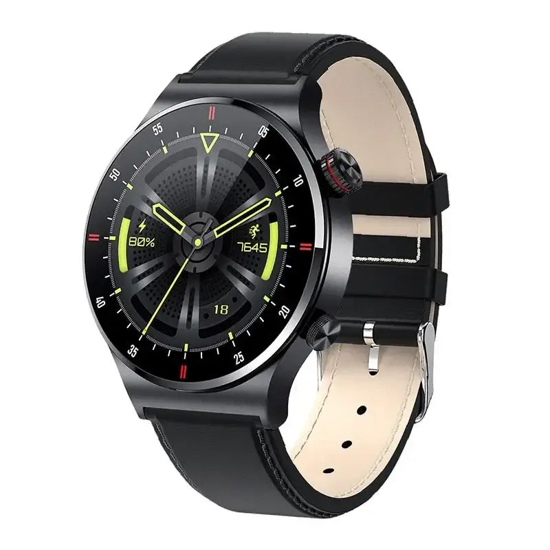Black smartwatch BW0382 with round touch screen and leather strap for fitness and business days