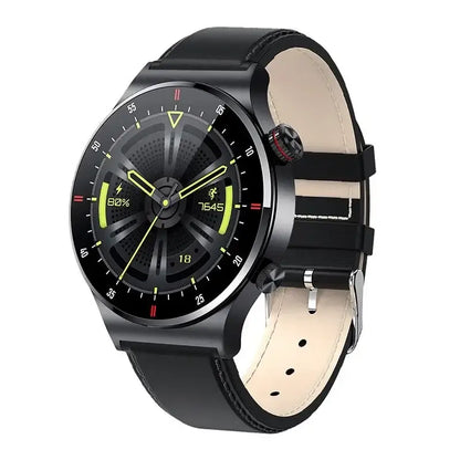 Black smartwatch BW0382 with round touch screen and leather strap for fitness and business days