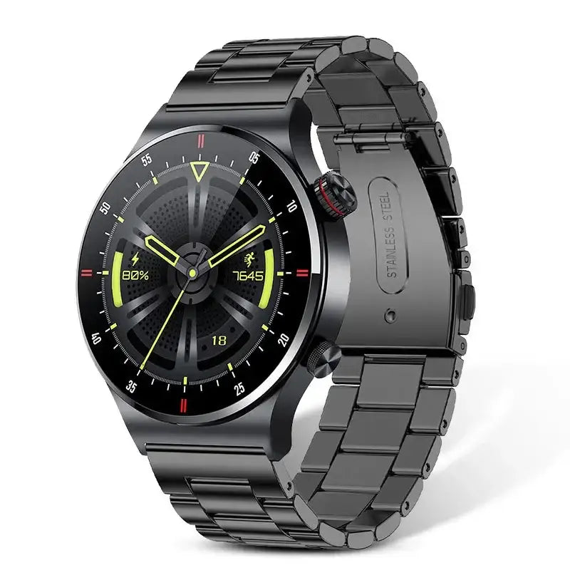 Black smartwatch BW0382 with metal link band and full touch screen for fitness
