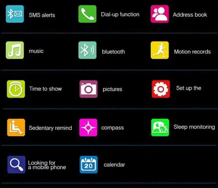 Colorful smartwatch icons showing functions of high quality DZ09 with SIM TF Card