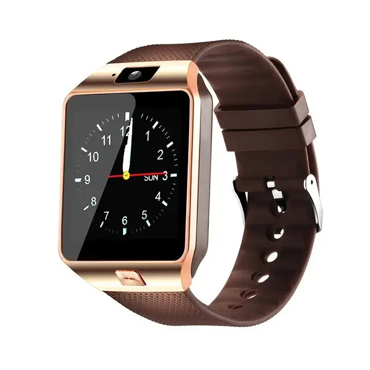 High quality DZ09 smartwatch with gold frame, textured band, and SIM TF card support