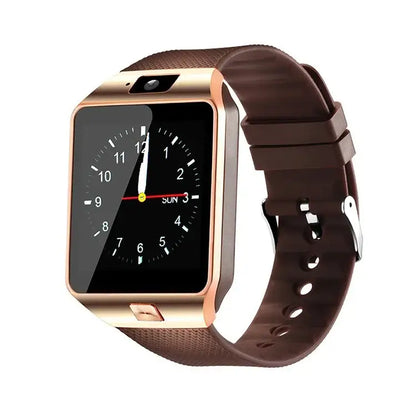 High quality DZ09 smartwatch with gold frame, textured band, and SIM TF card support